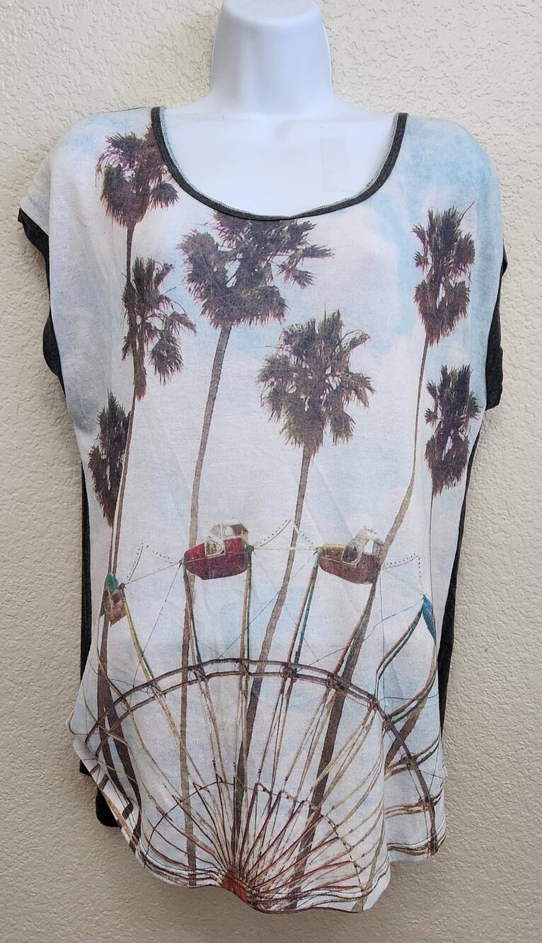 Edista Gray White Graphic Print Capped Sleeves Top XL Lightweight Soft Stretch